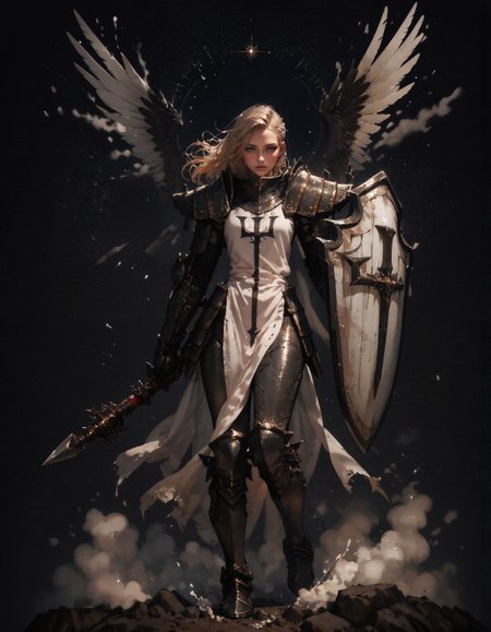 score_9, score_8_up, score_7_up, score_6_up, score_5_up, score_4_up,  masterpiece, high quality, full body, solo, crsadr, knight, pauldrons, full armor, long hair, gauntlets, shield, pelvic curtain, holding weapon, flail, braid, side cut, panoramic, white fabric, (simple background, black background:1.2)