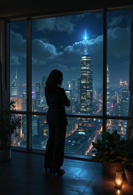 
dark fantasy aesthetic. , digital artwork of a futuristic, natural colors, , epic.  luminescence, ultra realistic, hyper detailed, soft lighting , epic scale.
(detailed digital painting, detailed oil painting). 

An instant super-detailed photo. An over-detailed photo. 
A dark gloomy large office, night, large floor-to-ceiling windows, mystical atmosphere, Gothic style, a business woman in a formal pantsuit stands at the window. The lights of the night city are outside the window. black long hair, haughty look, dominance, strength, domineering pose, seduction by force of character. m466i35iff. An otherworldly atmosphere.  gray-silver color scheme. Epic.
 monumental,  Otherworldly atmosphere. 
(Depth of field), detail. mythp0rt, Stylish, charismatic.c.

 .

 ..



