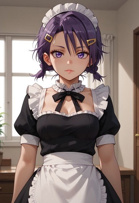 score_9, score_8_up, score_7_up, score_6_up, (1girl ), (solo),
BREAK,
HDA_MasterpieceXL_v.1,
BREAK
1girl: <lora:Asumi_Kominami BWBGD-V1>,asumi kominami,
small hair, hair ornament, twintails, purple eyes, purple hair, hairclip, medium breasts
.
BREAK
half body,maid, maid dress, enmaided, maid headdress, 
neck ribbon, frilled choker, black dress, 
white apron, puffy short sleeves, black thighhighs, light,mini skirt