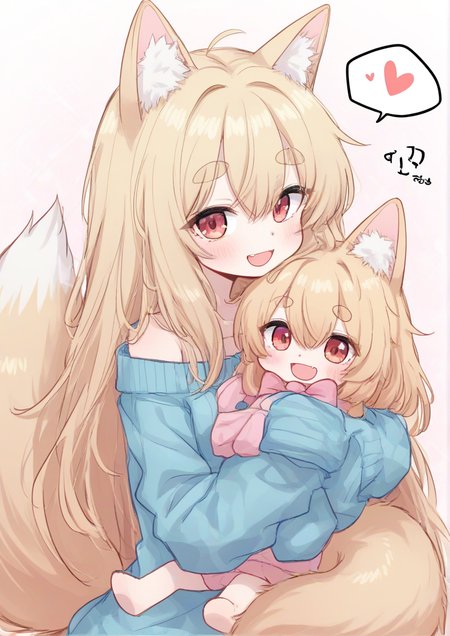 1girl, by kodoto, :d, animal ear fluff, animal ears, blonde hair, blue sweater, bow, fox ears, fox girl, fox tail, hair between eyes, hair bow, heart, hugging object, long sleeves, looking at viewer, open mouth, pink bow, red eyes, short eyebrows, signature, sketch, sleeves past wrists, smile, solo, spoken heart, stuffed animal, stuffed rabbit, stuffed toy, sweater, tail, thick eyebrows,  <lora:CHOI1:1>