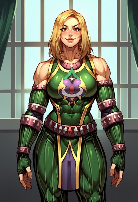 score_9, score_8_up, score_7_up, score_6_up, score_5_up, score_4_up, 1girl, <lora:KerriHicks:0.8>  solo, breasts, blonde hair, brown eyes, lips, pants, gloves, elbow gloves, fingerless gloves, bare shoulders, standing, muscular, muscular female, bodybuilder, smile, blush, front view, 
(bedroom background), window,