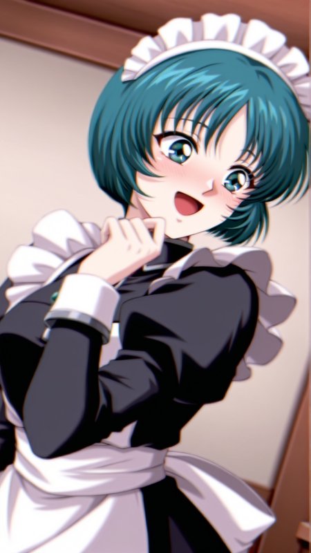source_anime, general, best quality, masterpiece, 1girl,  <lora:Elis_Radius_ill_v1.0:1> elis_radius\(srw\),green eyes, green hair , short hair,aqua hair, blue hair, blue eyes,maid, maid headdress, maid apron, happy, (embarrassed:0.9),  dutch angle, dynamic pose,