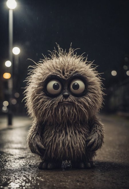 Small furry monster, fur ball, fluffy, shot at night, cute monster, expressive eyes, sad and curious appearance, heartbreaking, very cute, heavy rain, very sad, lonely, lost place, desaturated, dramatic lighting, desaturated background, bokeh, dark theme, soothing tones, depth of field, dramatic backlighting, film grain,