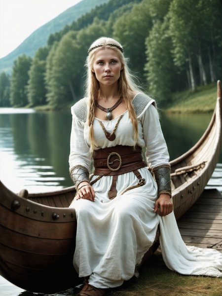 viking woman, beautiful, can see alot of nature, ligth picture, white clothes, summer, sitting and a little viking ship, real looking picture, <lora:SDHK-XL:1>
