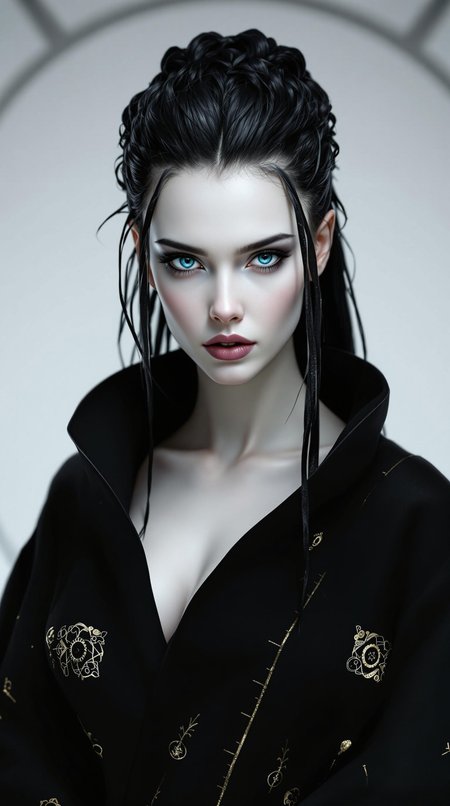 Portrait of a stunning, mysterious woman with pale skin, piercing blue eyes, and intricately styled dark hair. She wears a flowing black robe with subtle golden patterns, her gaze calm and calculating, set against a minimalist sci-fi background