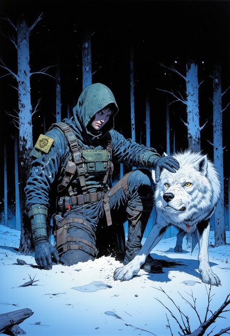 A dynamic comic book style scene featuring a (lone warrior:1.4) and her loyal (white wolf:1.4) in a dark, snowy forest at dusk. The scene is lit by an eerie (dim blue light:1.3) from above, casting shadows across the snow and creating an (atmosphere of solitude:1.2). The female warrior kneels, her intense, battle-hardened expression partially (shadowed by her hood:1.2) as she brushes snow aside to reveal hidden (tracks:1.2). She wears a (tactical outfit:1.2) with multiple pouches strapped across her chest, waist, and legs, layers of worn fabric and padding visible. The wolf stands (alert:1.5), ears perked, eyes focused on the forest, adding vigilance to the desolate setting. Around them, tall (snow-covered trees:1.3) blend into the night, and the cold blue light highlights their forms against the dark surroundings.