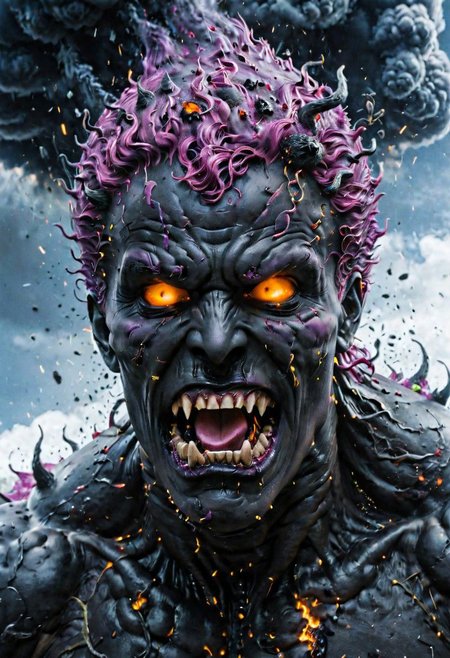 According to the rules, in such cases, it was supposed to become a black impenetrable cloud, fill the entire space with itself, catch up with purple  DEVIL SPAWN horror and look at him with an ominous luminous look from nowhere and from everywhere, which Bomchi immediately did.  Feeling of fear, feeling of horror,rich colors, ultra clear image, more realistic, high resolution photos, 8K HD wallpapershigh quality, intricate details,  ultra detailed, ,depth of field, 8k resolution trending on Artstation Unreal Engine 5, Epic,detailed background, <lora:xl_more_art-full_v1:1.2>  <lora:JuggerCineXL2:0.8> , Cinematic,  <lora:EnvyActionShotXL01:0.8> action shot