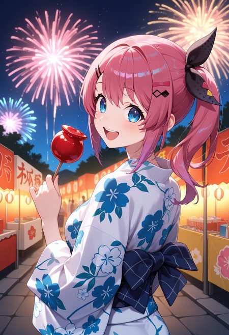 best quality, masterpiece, 1girl, aameruto, pink hair, side ponytail, hair ribbon, hair bow, hair ornament, hairclip, blue eyes, <lora:kuramochi_meruto_ilxl_v1:0.9>, night, summer festival, outdoors, yukata, floral print, from behind, smile, laughing, fireworks, holding candy, candy apple, solo,