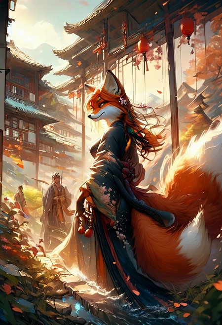 score_9_up,score_8_up,score_7_up,(masterpiece),(best quality),hyper detailed,perfect anatomy,anthro fox girl,foxfolk,dazzling,perfect face,
sexy,seductive,long hair,cleavage,black hair,print_kimono,furisode,orange furr,
wind_lift,dusk,outdoor,in spring,falling petals,cherry blossoms,looking_back,looking_at_viewer,dynamic_angle,