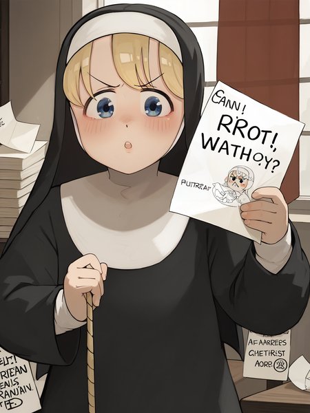score_9, score_8_up, score_7_up, score_6_up, score_5_up,
blonde_hair, nun, window, holding, 1girl, virtual_youtuber, english_text, blue_eyes, habit, blush, indoors, holding_sign, solo, sign, looking_at_viewer, bangs, long_sleeves, american_flag, holding_paper, parted_lips, grey_eyes, curtains, veil, paper, upper_body, dress
 <lora:Jolyne_1:1>