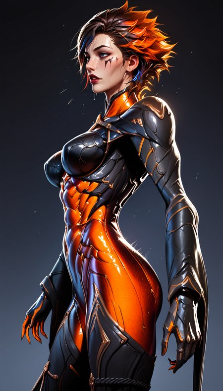 score_9, score_8_up, score_7_up,, detailed face , motion lines, eye contact,  sweating, , multicolored hair, dark lips, ,  dark pink lips, cheerful, detailed background, side view, from below, 
3mb3rh3irloom, bodysuit, medium breasts,  
<lora:Zeronis_Style:0.8> zeronis,<lora:Expressive_H:0.6> Expressiveh,<lora:princess_pony_v1:0.5>,<lora:PulenKompot-Ganassa Style-PonyXL:0.5> ganassa,, <lora:Ember_Heirloom_Skin_Warframe:1>