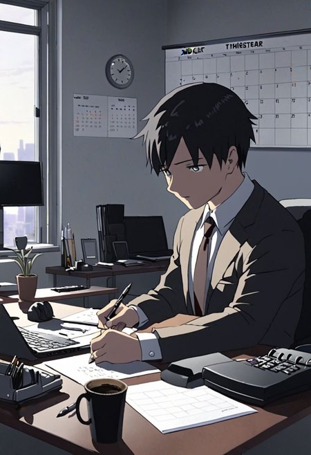 Highres, Masterpiece, High Quality, 4K, 8K, solo, 1Boy, Takaki Toono, adult, black hair, short hair, worker, working, office space, office desk, white wall, carpet floor, office chair, sitting, concentration, focus, think, fidget, pen, notepad, laptop, coffee, water bottle, document, calendar, calculator, wall clock, easynegative, detailed_eye_model