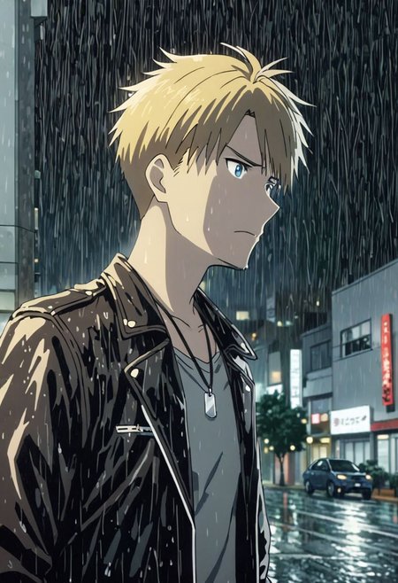 high resolution, professional photography, best quality, 1Boy, Yamato Ishida, blond hair, deep blue eyes, necklace, heavy rain, downtown, night, looking down, sad, leather jacket, looking away, OverallDetail