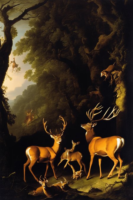 Joseph Wright Of Derby Style - a James Seymour, Karl Reille inspired hunting scene where young stags and roe deer are hunting humanoid like figures