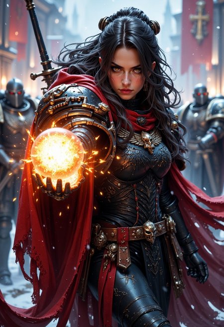 intensely focused female red RavenG40k hurling a burning meteorite from her hand towards the viewer, the glowing sphere leaves RavenG40k's body getting closer to the viewer leaving a trail of smoke and sparks, intense battlegrounds in snowy conditions, army banners, swords and shields on the ground