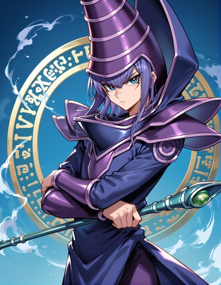 (score_9:0.9),score_8_up,score_7_up,rating_safe,(zPDXL),(zPDXL3),<lora:Dark Magician ponyXL v1.2:0.72>,dark magician,solo,1boy,male focus,blue eyes,purple wizard hat,staff,serious,purple hair,crossed arms,looking at viewer,purple wizard clothes,magic circle,holding staff,blue background,