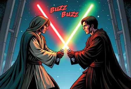 a comic book-style picture, two Jedi crossed red and green lightsabers in a duel, the sound effects with text "buzz" "buzz" above the lightsabers, space station background