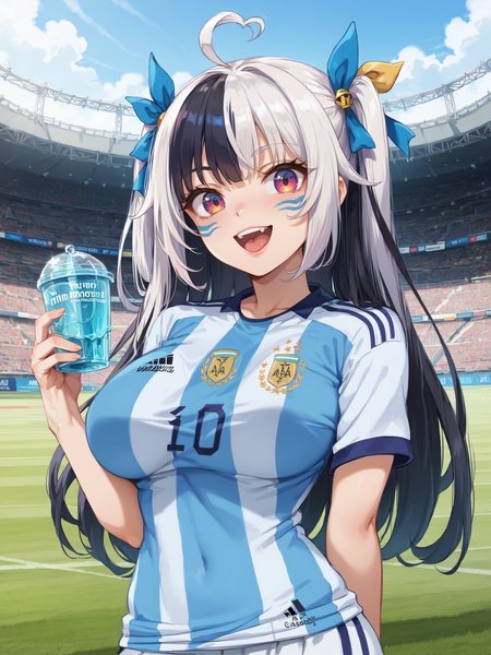 score_9, score_8_up, score_7_up, rating_safe, BREAK  zPDXL2,  zPDXLxxx, source_anime, masterpiece, <lora:neocoill-guy-PONYv1:1>,  <lora:ArgentinaCampeona:1>, 
Argentina, ArgentinaCampeona, ArgentinaCampeon, 1girl, solo, long hair, breasts, looking at viewer, smile, open mouth, bangs, large breasts, shirt, black hair, red eyes, white background, ribbon, holding, hair ribbon, ahoge, white hair, heart, multicolored hair, striped, two-tone hair, cup, streaked hair, sportswear, facepaint, split-color hair, heart ahoge, soccer uniform, soccer