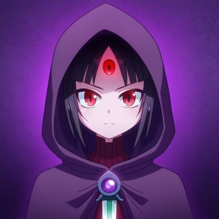 mana_sk style, portrait, focus on face, a mysterious shadow assassin girl with sleek black hair and sharp crimson eyes, wearing a hooded cloak lined with dark purple accents, her face partially hidden by shadows, faint glimmers of daggers in her hands, Japanese RPG style, stealthy and enigmatic atmosphere, intricate details on her cloak and dagger glimmers