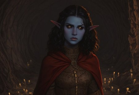 safe_pos, solo, short pointy ears, piercings, nord woman, random elf face, aquiline features, dark elf, weathered skin, large nose, animated realism, zoomed out, Syrian features, torso, subterranean, glowing mushrooms, mushroom forest, cave enviroment, large cavern, gloomy lighting, ancient ruins, interior, dark soil floor ,grey-blue skin, scarlet and gold clothes, medium armor, bone plate armor, ivory straps and fittings, grey wood neckguard, dark red sclera, black pupils, distant mushroom forest, blue-green light, neon, highly detailed, defined features, looking at viewer, three quarters view, from above, dynamic lighting, 36 years old, light and shadows, patterned cloth, determined expression, expressive eyes, detailed medieval clothes, medium_breasts, medium hair, wavy hair, thick hair, beaded hair, braided hair, under cut hair, semirealistic, alien elf, spanish features, jewish features, black hair, dark red hair, umber skin, sharp features, red persian print cloak, nighttime, high detail, absurdres, pretty eyes, detailed eyes, yellow eyes,
