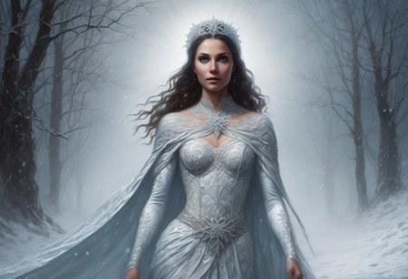 aidmafluxpro1.1,
A regal figure emerges from the swirling snowstorm, her porcelain skin illuminated only by the faint moonlight casting an eerie glow. Frosty mist shrouds her ethereal form as she stands amidst the frozen wilderness, a cruel portrait of divinity's creature come to life on this fateful eve. The high-resolution image captures every intricate detail, from the delicate lace of her gown to the snowflakes dancing around her, as if suspended in time. Zoroaster