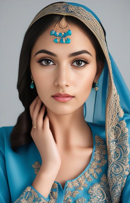 glamor photo of a 25_year old desimocha  woman, studio quality, in a blue pakistani dress, canon 5D, realistic skin texture, skindentation, flat white background, <lora:DesiCoffee_SDXL_20_LoRA:1> <lora:pakistanidress:0.7>