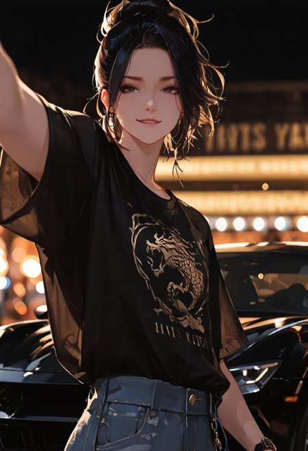 masterpiece, best quality, good quality, very aesthetic, absurdres, 
newest, 8K, depth of field, focused subject,visual storytelling,dynamic composition,
close up, stylized, scenery, bokeh,blurred background, 
Black Myth Wukong, male sun wukong, 
chinese mythology,( dynamic pose:1.3), smirking face,
upper body focus,
casual clothes, wearing luxurious jeans and luxurious black t-shirt with gothic design, expensive black watch
windblown hair, 
mythic scale, sakura petals, mystic mist, 
cinematic composition, backlighting, volumetric light, vegas city scene, symbolic environment, god-tier illustration,(sketch:1.3), taking a selfie in front of a black lamborghini aventador with spoiler and body kit (car is black, chrome carbon fiber details, chrome rims), night scene under the moon