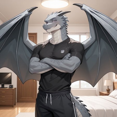 1boy, highres, absurdres, newest, masterpiece, best quality, furry, furry_male, maverick_awsw, dragon, gray scales, tail, scales, claw, wings, red eyes, anthro, detailed eyes, (black t-shirt, black shorts, crossed arms, standing:1.1), smirking, luxurious detailed room, bright room, day scene, professional lighting, white room, solo, bedroom, smiling, looking_at_viewer, masterpiece, close up, safe