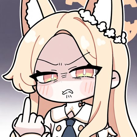 1girl, seia \(blue archive\), chibi, chibi, solo, from front, disgust, very disgusted, disdain, hate, glaring, looking at viewer, wince, dark gradient background, middle finger, head tilt, upper body, best quality, amazing quality, best finished, <lora:NAImiyao:1>