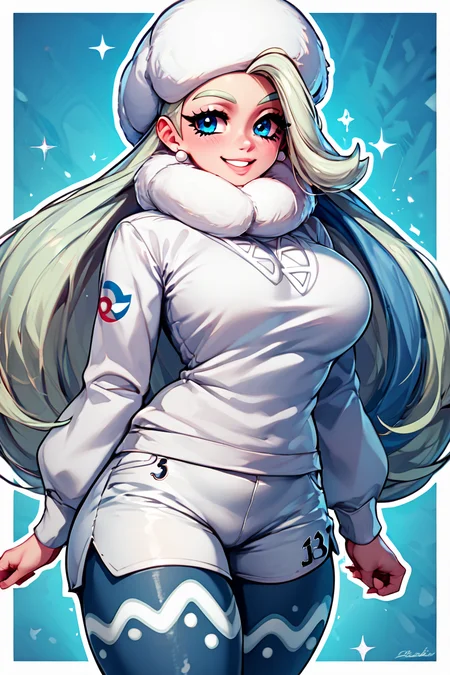 score_9, score_8_up, score_8, medium breasts, (curvy), cute, eyelashes,       BREAK, , zzMelony, blue eyes, white hair, long hair, huge breasts,  fur hat, white scarf, white sweater, white shorts, leggings, white boots,  <lora:Melony_Pokemon_PDXL_Citron:0.8>, , BREAK, smile, looking at viewer,  abstract background, white outline, cowboy shot, embedding:zPDXL, Expressiveh, <lora:CatalystStylePDXL:0.6>,  <lora:SDXLFaeTastic2400:0.5>,  <lora:Expressive_H-000001:0.4>,