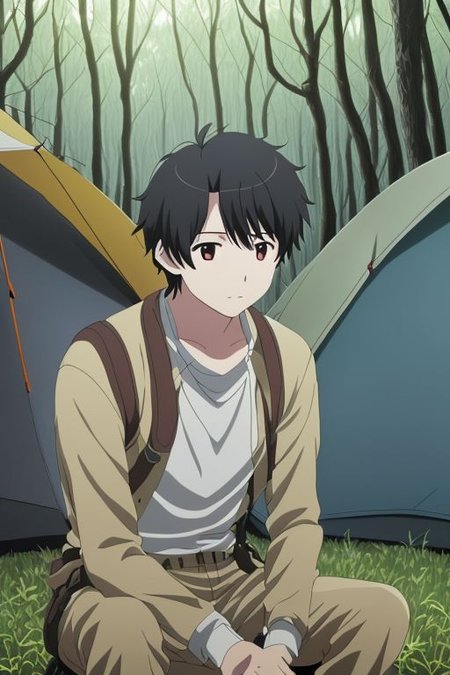high resolution, solo, best quality, 1Boy, Inaho Kaizuka, Black Hair, forest, camping, OverallDetail