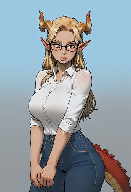 A solo bimbo mom, with blonde hair. Draconic skin. Scaly skin. Curious expression looking down at her hands. Huge lips. Black glasses. White shirt and blue jeans. Bedroom background. Incase style. Dragon horns. Pointed ears. Huge boobs