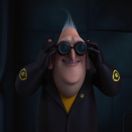 slightly mischievous expression. The character has a large head with a prominent, bald man with a large head, stylized logo.   The background reveals a dimly lit, anthropomorphic character in the style of CGI animation. The character is a tall, cartoonish appearance. The character is an old man with a round face, bald head, and a ventilation shaft runs vertically on the left side of the image., is adjusting his goggles with both hands. His attire includes black gloves with yellow accents and a small, black-rimmed glasses perched on the bridge of his nose., unbuttoned to reveal a yellow shirt underneath, glowing, elderly man with a bald head and round glasses perched on the end of his long, dark sunglasses, looking confident and authoritative