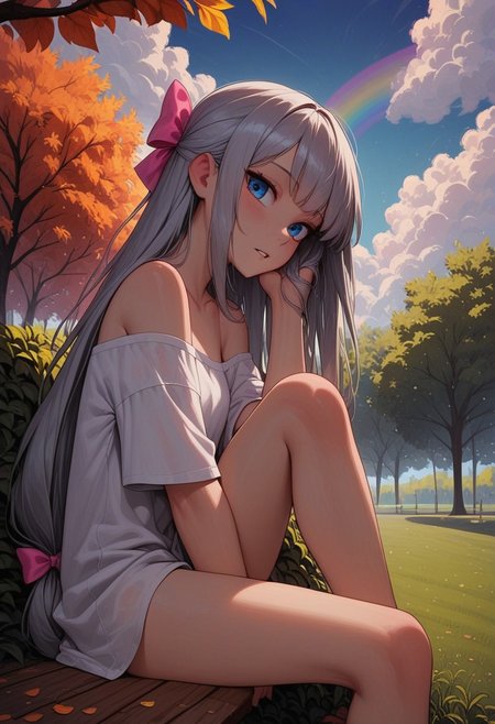 masterpiece, best quality, amazing quality, p0nyd1sney1ncasev1x0n2:1.5, 1girl, 25 years old, perfect face, 
blue eyes,
grey hair, long hair, hair bow, low-tied long hair, sidelocks, 
pink bow, 
white shirt, oversized clothes, collarbone, bare shoulders, off shoulder, off-shoulder shirt, 
bottomless, 
sitting, hand between legs, hand in own hair, 
sky, clouds, park, rainbow, parted lips, from side, looking at viewer, leg up