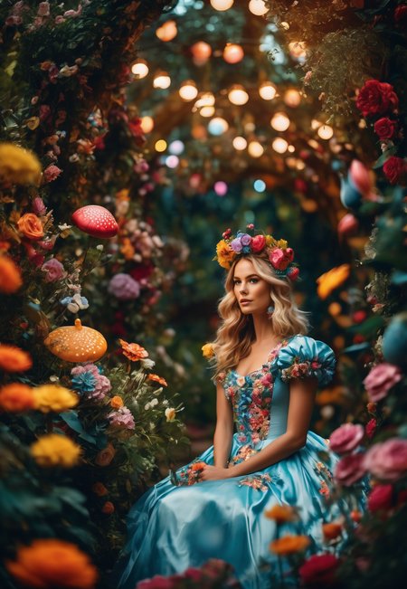 cinematic photo Arcane,  Alexandre Istrati, Alice in Wonderland,  wandering in Enchanted Garden, beautiful,  whimsical wonderland with oversized flowers, talking animals, hidden pathways, swirling lights:1.2, light particles:0.9,life-like, Incorporates vibrant colors, unusual plant arrangements, and fantastical creatures, texture, masterpiece, great art, high quality, best quality, highly detailed, 8k, wide shot, panorama, (Bottom view:1.1), Kodachrome,1970s,(8k, RAW photo, highest quality), eye focus, close up,sharp focus,(detailed eyes:0.8),  <lora:sdxl_photorealistic_slider_v1:1>, (masterpiece,best quality:1.5) . 35mm photograph, film, bokeh, professional, 4k, highly detailed