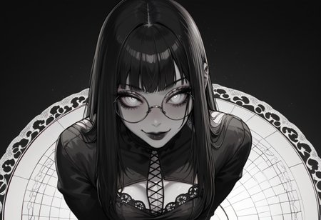 score_9, score_8_up, score_7_up, score_6_up, aeliond , 1girl, long hair, black hair, bangs, white eyes, meduim breasts, slim, pale skin, big round eyeglasses, clear eyeglasses lenses, nice round ass, black lipgloss, HD32k, gothic dress,) ((black-white) dress), dark attire, laces, dark creepy background, posing,, high angle view, face closeup, seductive smile, closed mouth