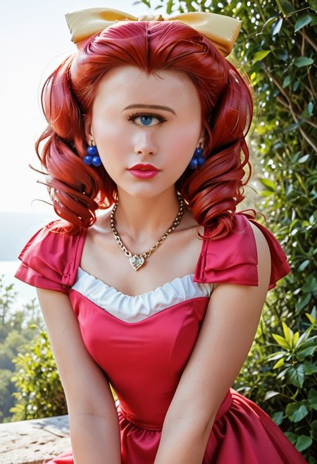 score_9, score_8_up, score_7_up, score_6_up, <lora:PMJessebelle_epoch_7:0.8>, PMJessebelle, blue eyes, red hair, drill hair, yellow bow, hair bow, earrings, lipstick, pink lips,
pearl necklace, red dress, shoulder pads,
leaning forward, serious, looking at viewer, facing viewer, hand on own knee, cowboy shot, 
BREAK day, sunlight, outdoors,
gorgeous lips, cinematic, (masterpiece), (best quality), (ultra-detailed), very aesthetic, illustration, perfect composition, intricate details, absurdres, (realistic, ultrarealistic, masterpiece, intricate:1.3), (best quality, hires textures, high detail:1.2), (4k), (incredibly detailed:1.4), (masterpiece, best quality:1.2), cyclopsgirl, thinmonobrow, masterpiece,best quality,