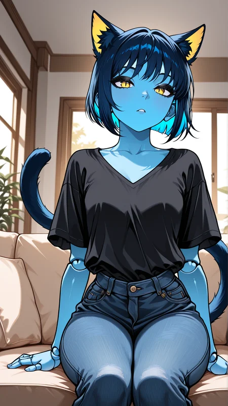 masterpiece, best quality, amazing quality, absurd res,
Flatline, Flat vector illustration, masterpiece, best quality, good quality, very aesthetic, absurdres, newest, 8K, depth of field, focused subject, dynamic closeup angle,
 <lora:Capek_mrbalderus_for_Illustrious:0.7> 1girl, c4pek, cat ears, cat tail, short hair, colored skin, blue skin, yellow eyes, joints, blue hair, black eyeshadow, medium hips, short, dark blue ears, dark blue tail, gold inner ear, 
 shirt, jeans, indoors, living room, window, sitting on couch,
<lora:Itagaki_Style_Baki_for_Illustrious:1> itagak1_style