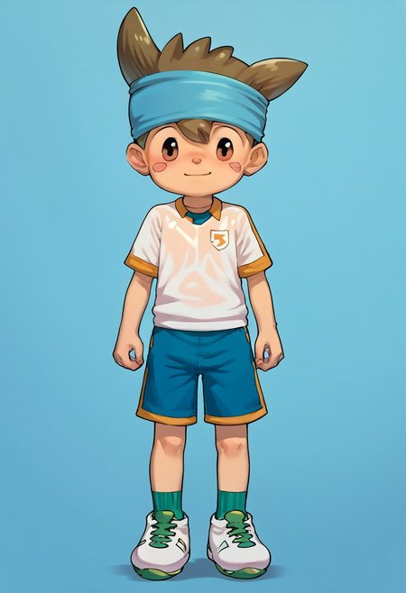 score_9, score_8_up, score_7_up, source_anime, highly detailed, young, 1boy, solo, cute boy, nishizonoshinsuke,  brown eye, brown hair, spike hair, pink blush marks, small nose, headband, sportswear, soccer uniform