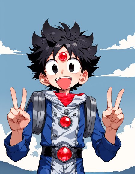 score_9, <lora:sdxl_lightning_8step_lora:0.1> source_anime, rating_safe BREAK 1boy, solo,
kanata,  black hair, short hair, black eyes, big eyes, wide-eyed, messy hair, spiked hair, silver armer, silver shoulder arms, black long sleeve, chest round red gem,forehead round red gem, belt round red gem, blue and white bodysuit, emblem, badge, red boots,
upper body, sunny outdoors, double v,  <lora:ichibanyu-no-kanata:5>