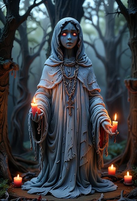 (medium full shot) of (eerie ghost) ethereal figure, transparent fading body, fading hands, faintly glowing red eyes, bluish skin, with tattered robes, semi-transparent with an unsettling vibe, sorrowful, chains around its wrists, carrying a candlestick, set in  a dark, haunted forest, with twisted trees, dense fog, a sense of foreboding, at night,  Masterpiece,best quality, very aesthetic