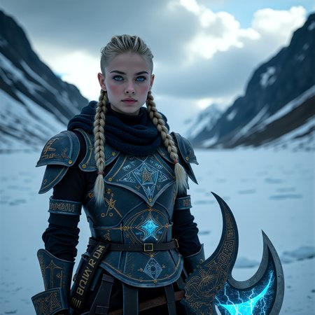 A captivating image emerges, focusing on a viking_punk warrior-princess with her presence commanding attention in the icy wasteland. Her futuristic viking armor based on traditional viking armor, a seamless fusion of technology and her athletic form, slim-athletic form highlights her strength and agility. The warrior's twin braids with shaved sides, frames her determined expression, while her piercing eyes bore into the viewer. Ancient runes are etched into her battleaxe and armor, crackling with mystical glowing energy. The frozen landscape, a testament to her people's resilience, stretches into the distance, where dark, ominous clouds partially veil the rugged mountainous pass, filling the air with crispness and the promise of lightning. This artwork, with its Nordic and Viking-inspired elements, captures the essence of a powerful futuristic figure, seamlessly blending ancient traditions with futuristic innovations. Beauty, chiaroscuro, play of shadow and light, realistic,   <lora:scifi/fluxVikingPunk_v2.safetensors:0.7>,  <lora:flux_trainer/fluxPunk_v1.safetensors:1.0>,