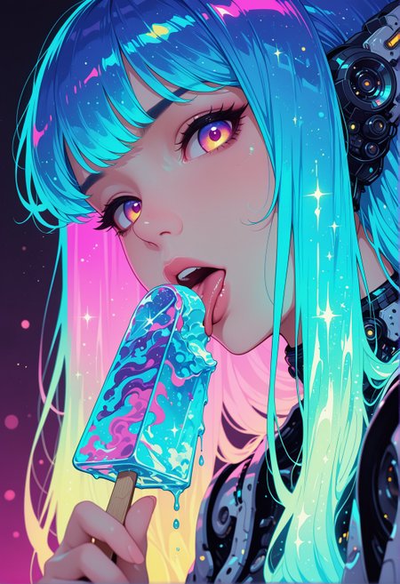 <lora:ck-shadow-circuit-IL:0.78>, 
masterpiece, best quality, good quality, very aesthetic, absurdres, newest, 8K, depth of field, focused subject,
close up, dynamic angle, dutch angle, wabi sabi, woman, licking ice cream,  holographic ice cream, holofoil glitter ice cream, faint, glowing, ethereal, neon hair, glowing hair, long hair, looking at viewer, sci-fi,
<lora:MoriiMee_Gothic_Niji_Style_Illustrious_r1:0.45>
<lora:ck-nc-cyberpunk-IL-000011:0.4>
<lora:ck-neon-retrowave-IL:0.8>