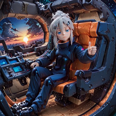 (clear photo style illustration,score_9,masterpiece,best quality,extremely detailed,clear depiction:1.2),(detailed background,high contrast,soft coloring,highres, absurdres, ultra-detailed face, beautiful face),
1person,solo,

Figure,

gundam_gquuuuuux_deux_murasame,
Blue eyes, white eyelashes,jitome,single hair bun,freckles on face,gray hair,thin,skinny,flat chest, black Pilot suit,hair clip,face at viewer,Raise corners mouth slightly,One-handed thumbs up,

sitting on Psycho Gundam cockpit,grip console,(sunrise, sci-fi city background, full body),dutch angle,