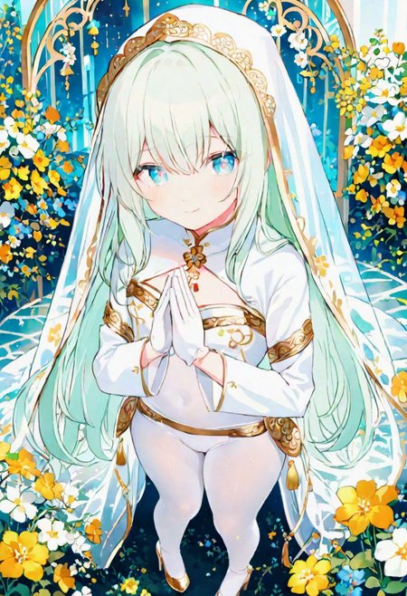 Best quality, masterpiece, fantasy flower garden, view from above, one petit priestess girl with flat chest, shining hands bound in prayer, standing upright, detailed light green long loose hair, priestess' veil, cute smooth face, gentle smile, detailed light blue eyes, detailed make up, jewelry, pure white clothes, shawl, white turtleneck leotard with long sleeves and gloves, slim waist, slim belly, thick clavicle, micro skirt, thick hips, thick thighs, white tights, heels