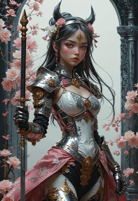 Yoshitaka Amano ~ Gris Grimly ~ Masamune Shirow ~ Tomer Hanuka ~ Bratz ~ Junji Ito ~ ultra detailed gorgeous  Knight of Coins, tarot card style, ocult~ esotericism ~ very detailed tarot card, Pink and white, Princess warrior holding fairypunk weapons.  This contrast between the fantastical character and the more bold color scheme and elements gives the piece an intriguing narrative quality. painted realism, photorealistic, 8k, fantasy digital art, HDR, UHD.  <lora:add-detail-xl:1> <lora:MJ52:0.5>
