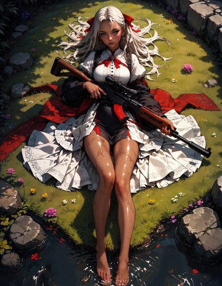 score_9, score_8_up, score_7_up, score_6_up, score_5_up, score_4_up,   lower body, from above, lying prone, sniper rifle, head out of frame, solo, girl, feet, long legs, on tiptoes, barefoot, red ribbons on legs, soles, oiled skin, shiny skin, tan skin