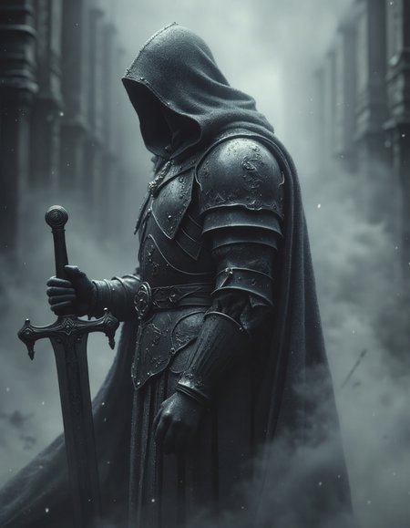 Dark armored figure, holding large sword, positioned left of center, profile view, looking slightly downward, detailed armor, shrouded in mist, muted gray-toned palette, overcast lighting, epic fantasy style, dramatic composition, atmospheric perspective, windswept effect, detailed textures, photorealistic, highly detailed, 8k resolution, stormy clouds, cold wintry atmosphere, medieval knight, HKMagic, <lora:Dever_Flux_Enhancer:0.6>, <lora:FantasyWizardWitchesFluxV2-000001:0.8>