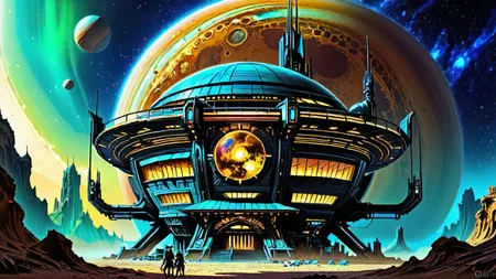 building, <lora:CulturePunkAI_3:0.6>, CattlePunkAI, stylized by Noriyoshi Ohrai, architecture of a Planet Jupiter, anthropomorphic, ethereal magical atmosphere, concept art, robotic, alien, ultrasharp, enchanted, dynamic cinematic color, gorgeous, epic composition, elegant, fine artistic composition, enhanced quality, detailed