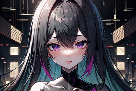 highly insanely detailed, masterpiece, top quality, best quality, highres, 4k, 8k, RAW photo, (very aesthetic, beautiful and aesthetic),  
(code_style,codestyle),japanese text,english text,(sympattern,geometric pattern:1.2), 
<lora:CodeStyle (half generic class)_564920:0.6>, 
(1girl:1.3), 1other, 
(industrial ruins) ,dark violet background,chrome background,camo green background,(color bokeh background,dripping colors background),âââ